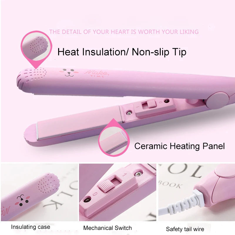 Portable Mini Ceramic Hair Straightener Flat Iron Curling Iron Dual-Use Curler Styling Care for Traveling