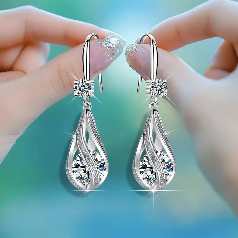 Luxury Crystal Spiral Drop 925 Sterling Silver Dangle Earrings for Woman Fine Accessories Jewelry