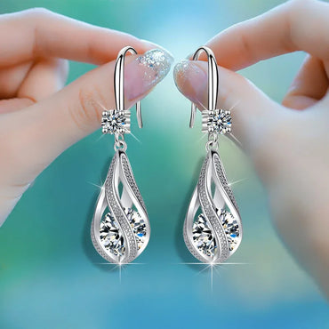 Luxury Crystal Spiral Drop 925 Sterling Silver Dangle Earrings for Woman Fine Accessories Jewelry