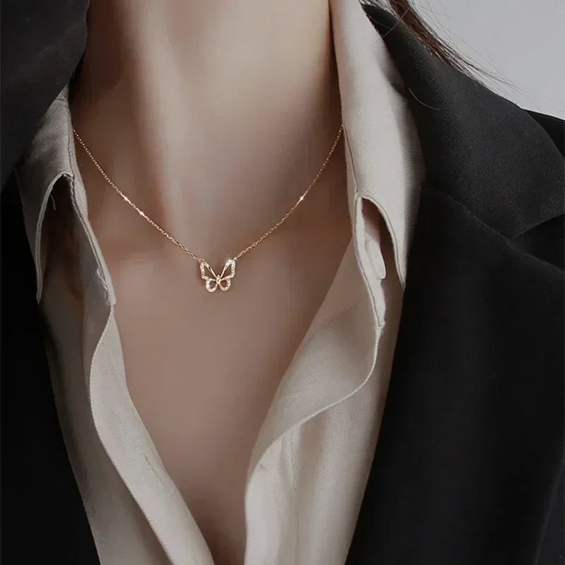 Elegant Butterfly 925 Sterling Silver Crystals Pendant Necklaces for Women Girls Chain Jewelry Accessories