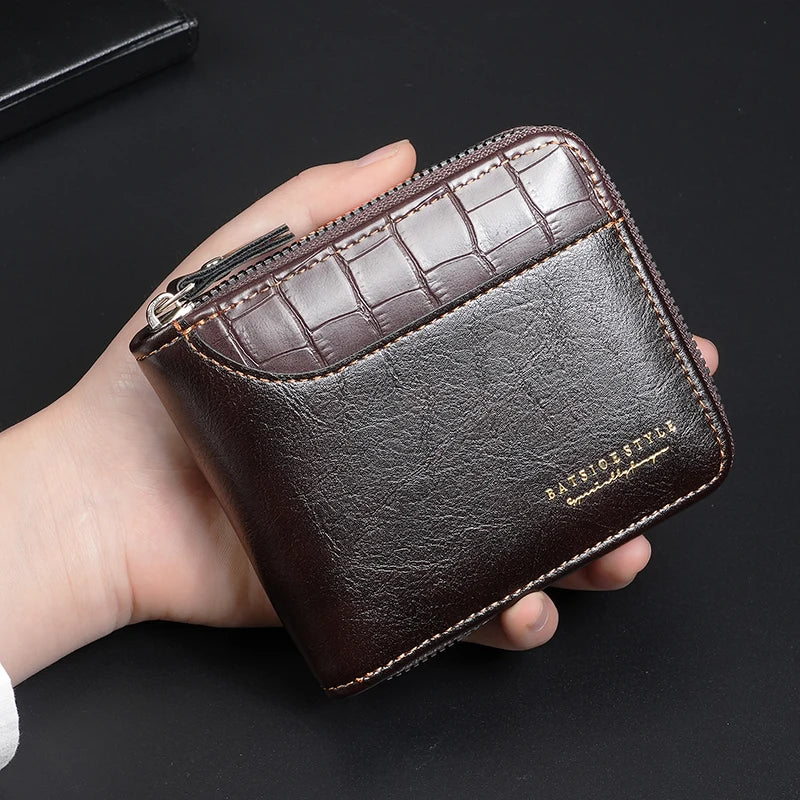 Luxury RFID Protection Leather Zipper Men’s Wallet Card Holder with Coin Pocket Crocodile Pattern Stitched Wallets Accessory