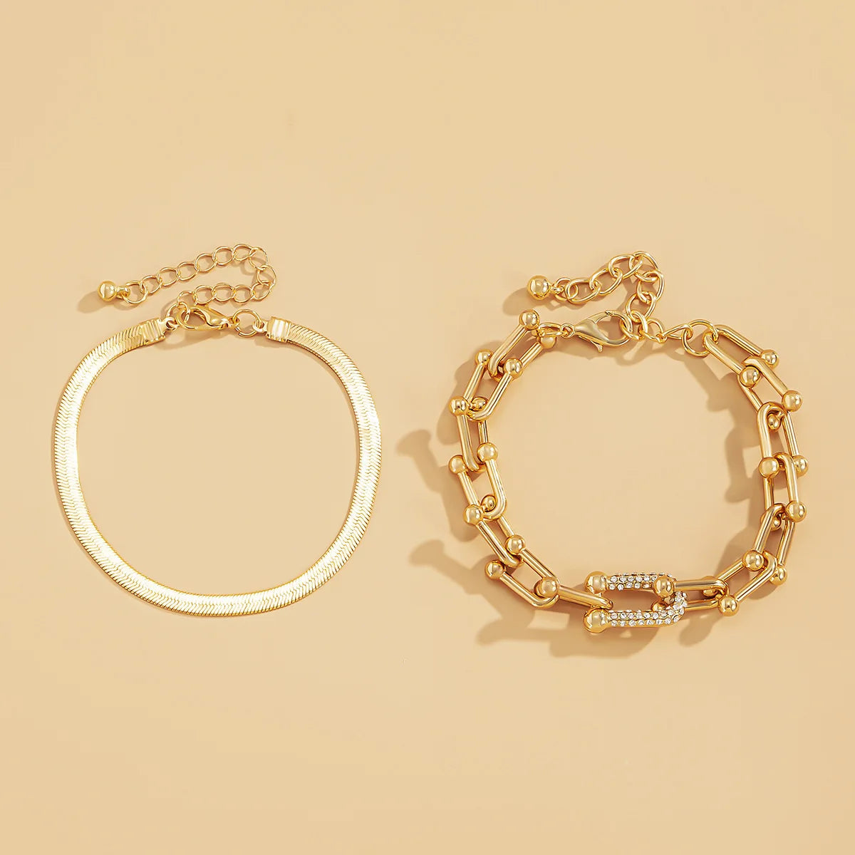 Luxurious Trendy Crystal U-Shape Links and Snake Chain Set Bracelets for Women Fashion Jewelry Accessories