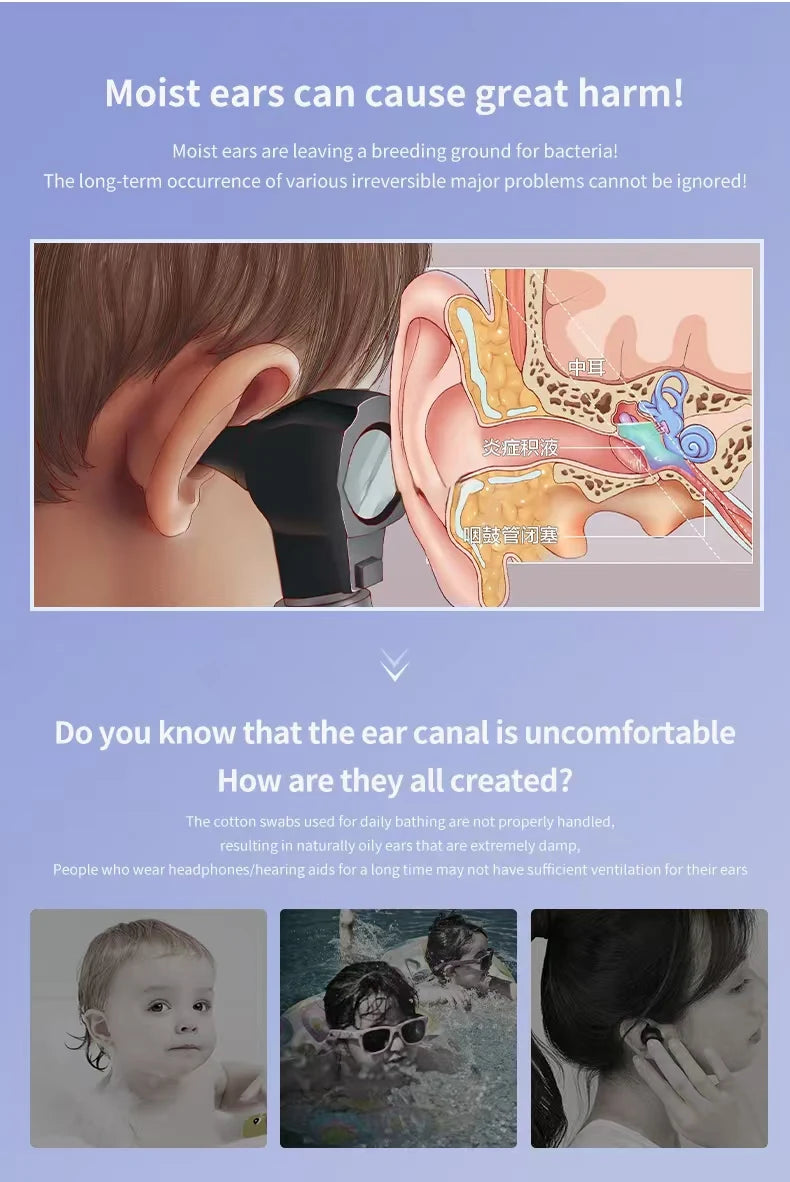 Intelligent Constant Temperature Ear Dryer 3 Speed Blower Levels for Ear Canal Drying and Care with 3 Types of Ear Tips