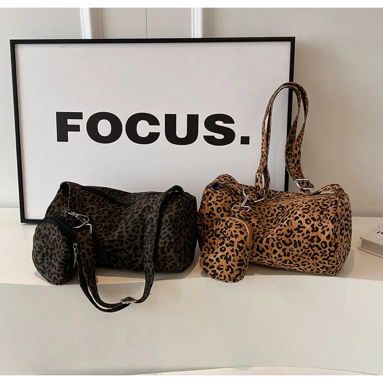 Stylish 2 in 1 Leopard Print Pillow Style Canvas Handbag and Mini Purse Set for Women New Trendy Fashion Shoulder Bag Commuting Versatile Crossbody Bag