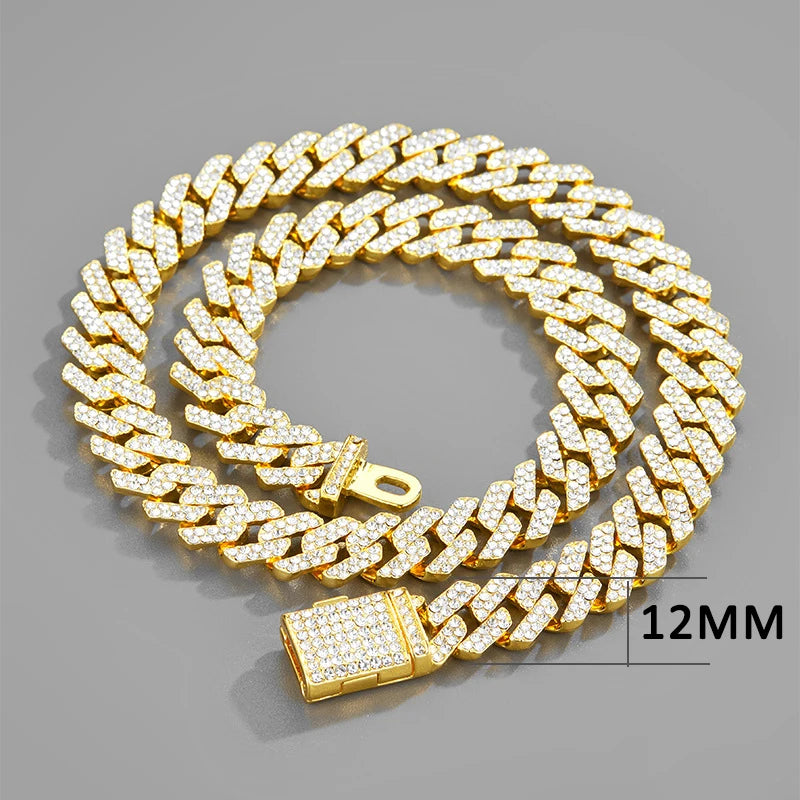 Exquisite Bling Paved Silver Gold Color Cuban Link Chain Necklaces for Men Miami Style 2 Row Rhinestone Crystals Necklace jewelry