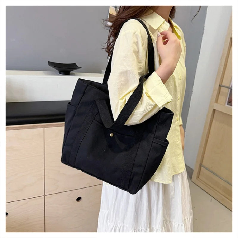 Versatile Canvas Shoulder Tote Bag Unisex Large Capacity Messenger Handbag Casual Student Commuting Zipper Square Bag