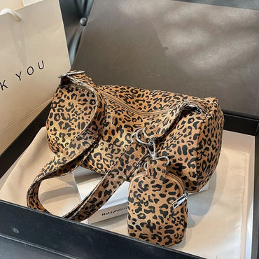 Stylish 2 in 1 Leopard Print Pillow Style Canvas Handbag and Mini Purse Set for Women New Trendy Fashion Shoulder Bag Commuting Versatile Crossbody Bag