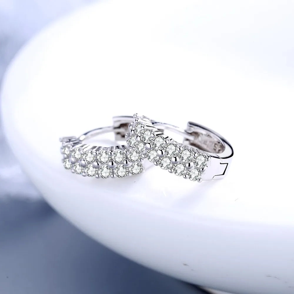 Women's Elegant Double Row Crystal 925 Sterling Silver Earrings Fashion High Quality Jewelry Accessories