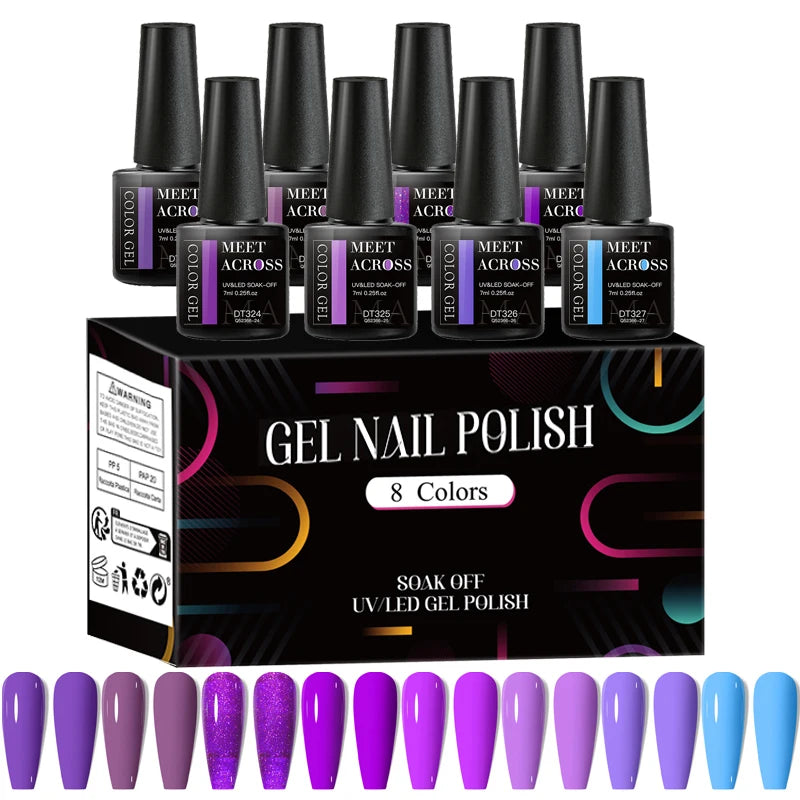 8pcs Gel Nail Polish Set Colorful Fluorescent All Season Colors Laser Glitter Nail Art Varnish for Manicures
