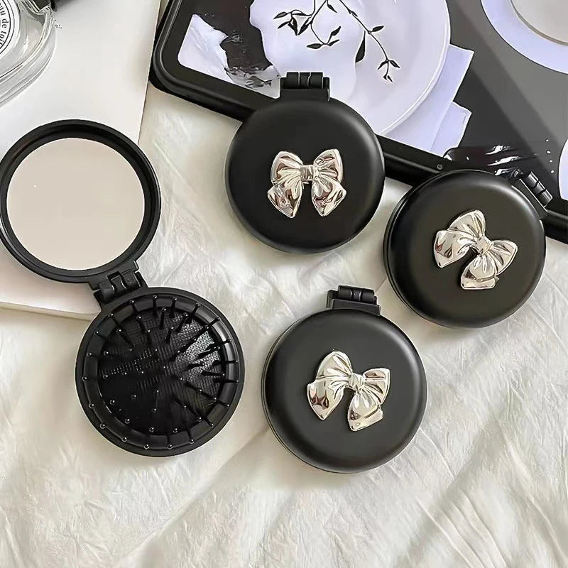 Beautiful Folding Brush With Makeup Mirror Travel Portable Plastic Case Small Comb Hair Brush Bow Tie