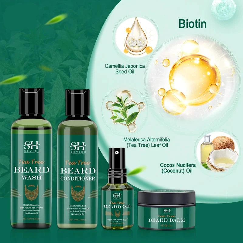 Nourishing Beard Growth Kit For Men Tea Tree Hair Enhancer Thicker Beard Care Oil Moisturizing Beard Conditioner Anti Hair Loss