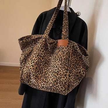 Women's Fashion Leopard Pattern Tote Vintage Canvas Shoulder Bag Large Capacity Handbags For School Work Shopping