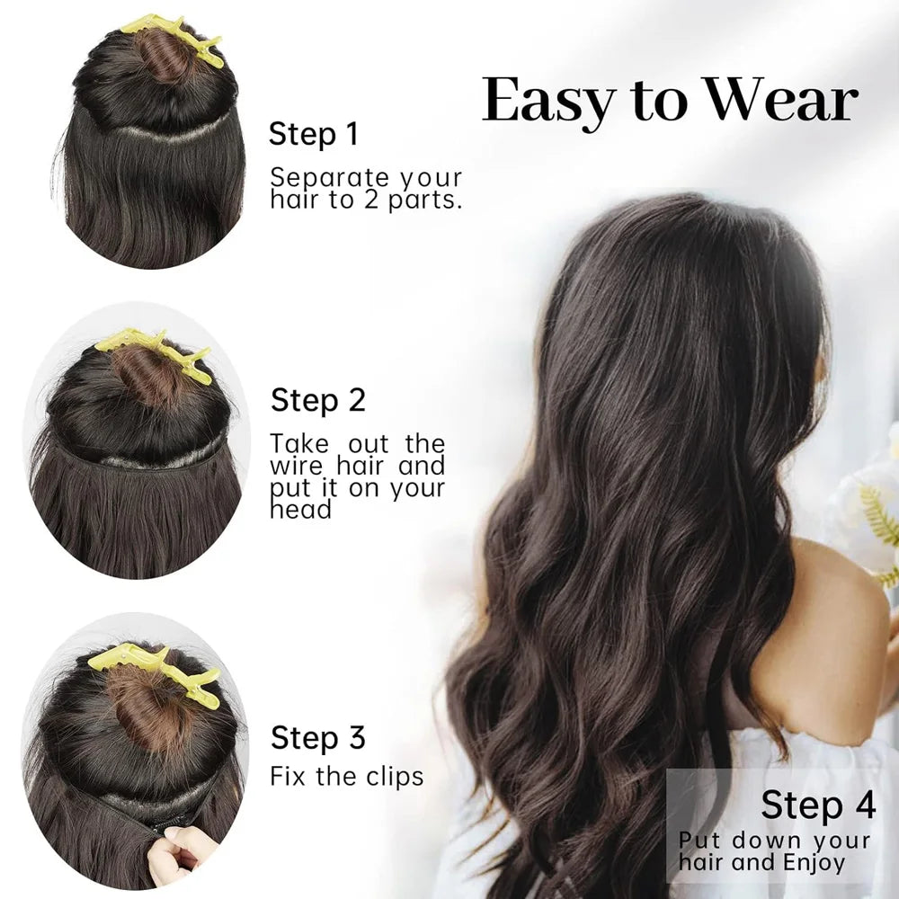 Black Halo Hair Extensions with Invisible Wire Adjustable Size 22inches No Clip Long Synthetic Wavy Curly Hairpieces for Women
