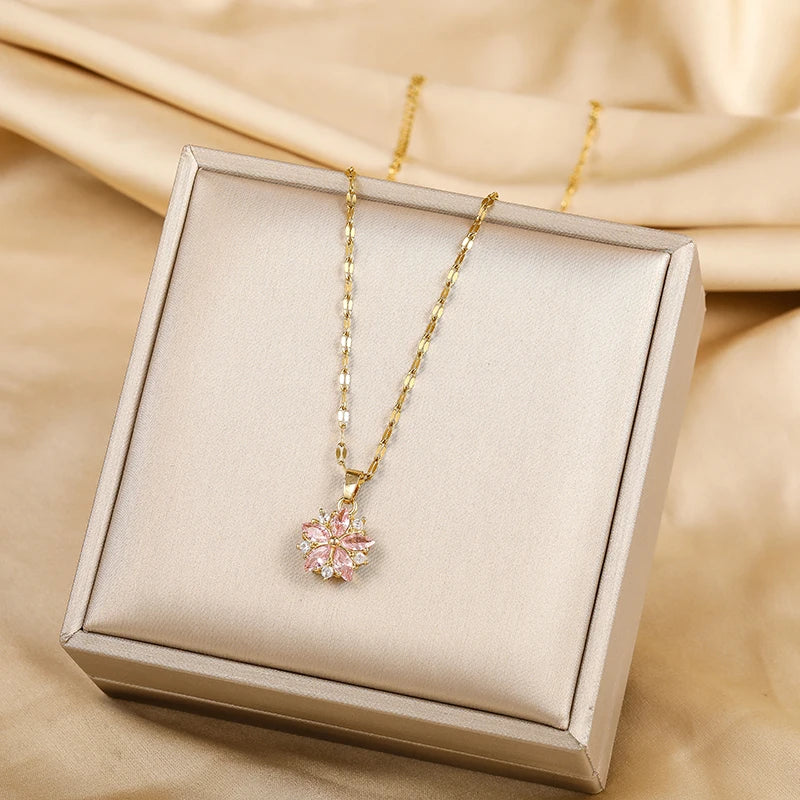 Beautiful Crystal Pink Sakura Pendant Stainless Steel Necklaces for Women Fashion Clavicle Chain Jewelry Accessories