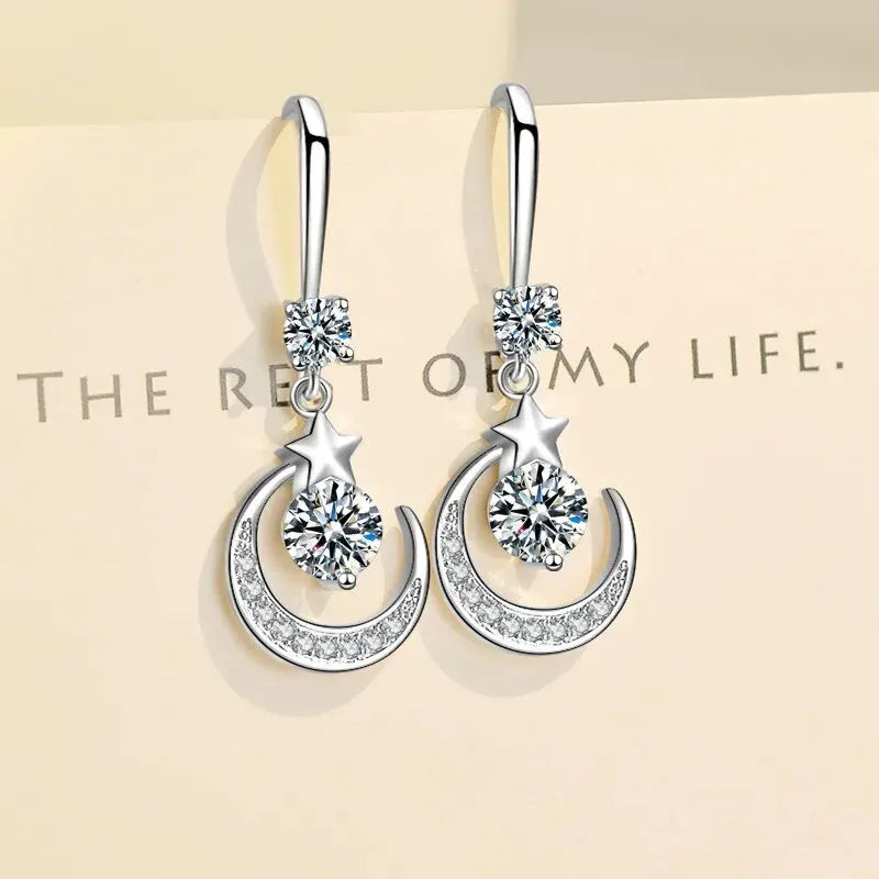 Elegant Crystal Star Moon 925 Sterling Silver Drop Dangle Earrings for Women Fashion Trendy Jewelry Accessories