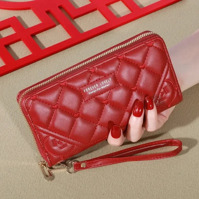 Exquisite Embroidered Women's Leather Clutch Wallet Card Mobile Phone Holder Zipper Handbag Fashion Accessory