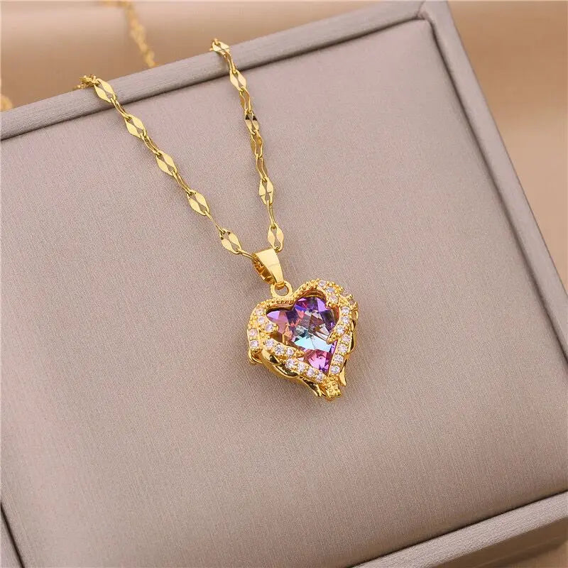 Fashion Crystal Ocean Heart Pendant Stainless Steel Necklace Chain for Women Trendy Jewelry Accessories