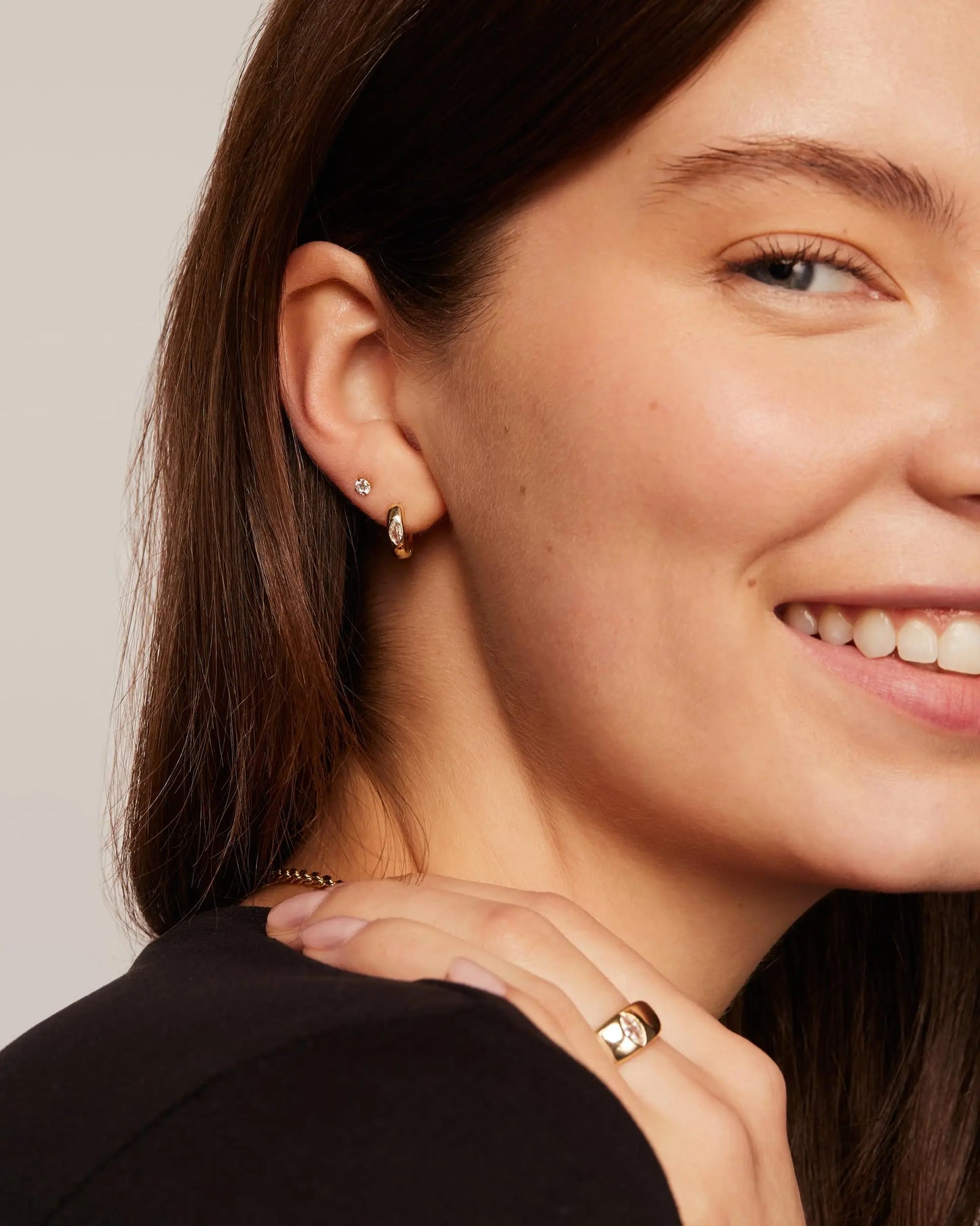 Huggie Hoops 14K Gold Plated Earrings With Sterling Silver Posts Cubic Zirconia Noble Marquise Small Earrings