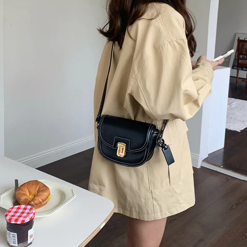 Women's Elegant Leather and Canvas Beautiful Contrast Panels Crossbody Saddle Handbags Purse Shoulder Messenger Bags