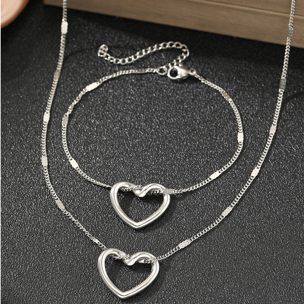 Twisted Heart Jewelry Set Stainless Steel Novelty Luxury High-End Silver Gold Color Necklace Bracelet