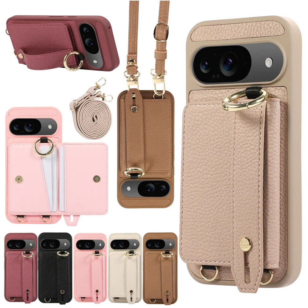 Exquisite Crossbody Leather Wallet Case for Google Pixel 9 8 Pro 8a 7a Models Ring Holder with Wrist Strap Shockproof Phone Case Cover Shell
