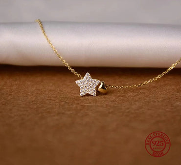 Fashion Crystal Star and Heart 925 Sterling Silver Necklaces for Women 18k Gold Plated Chain Jewelry Accessories