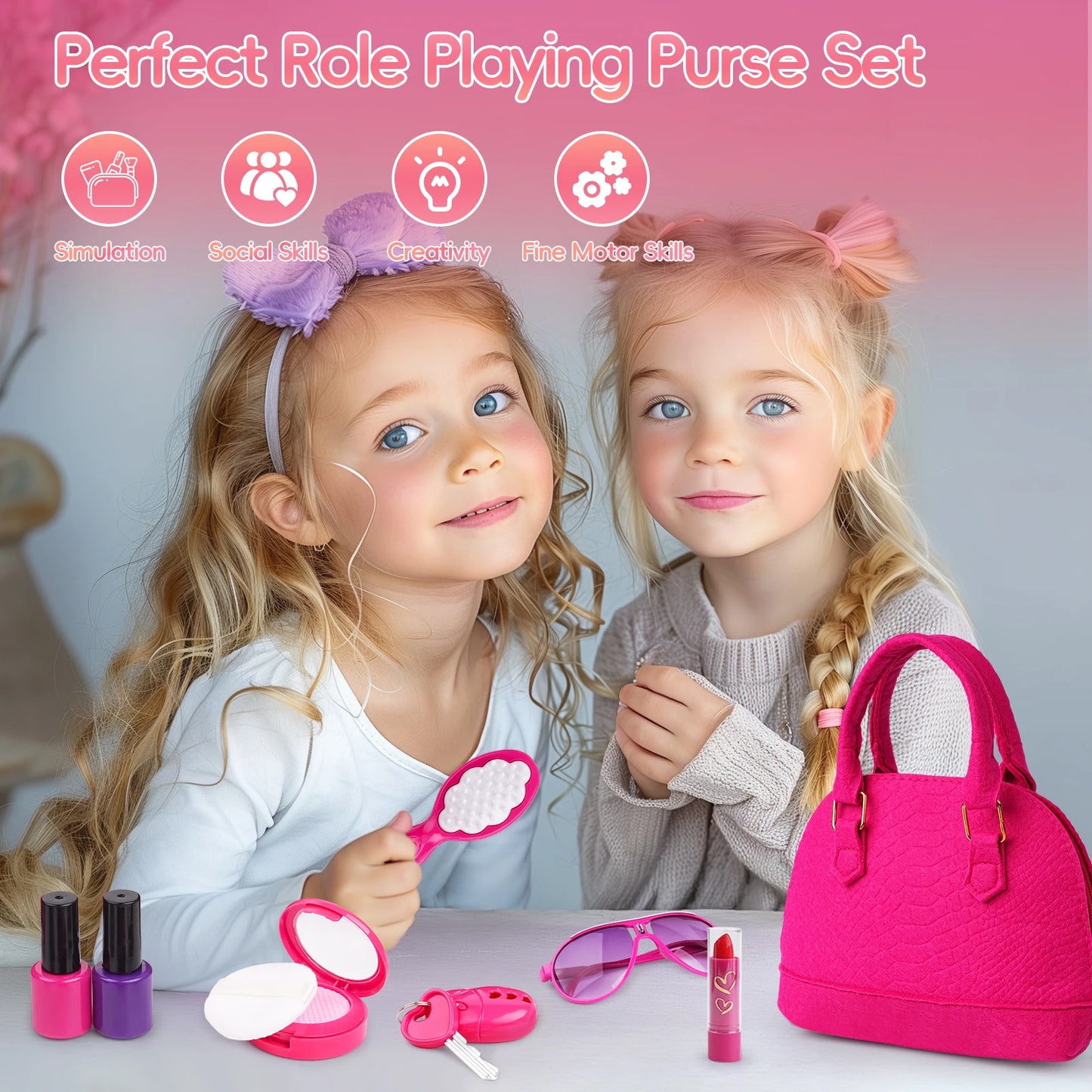 Play Purse Set with Pretend Makeup and Accessories for Little Girls, Toddlers, Princess Toys Includes Handbag, Phone, Wallet