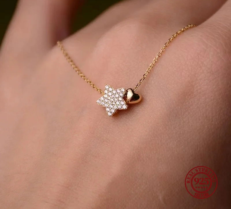 Fashion Crystal Star and Heart 925 Sterling Silver Necklaces for Women 18k Gold Plated Chain Jewelry Accessories
