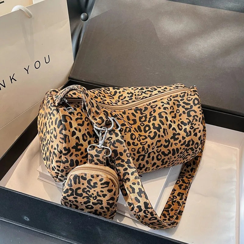 Stylish 2 in 1 Leopard Print Pillow Style Canvas Handbag and Mini Purse Set for Women New Trendy Fashion Shoulder Bag Commuting Versatile Crossbody Bag