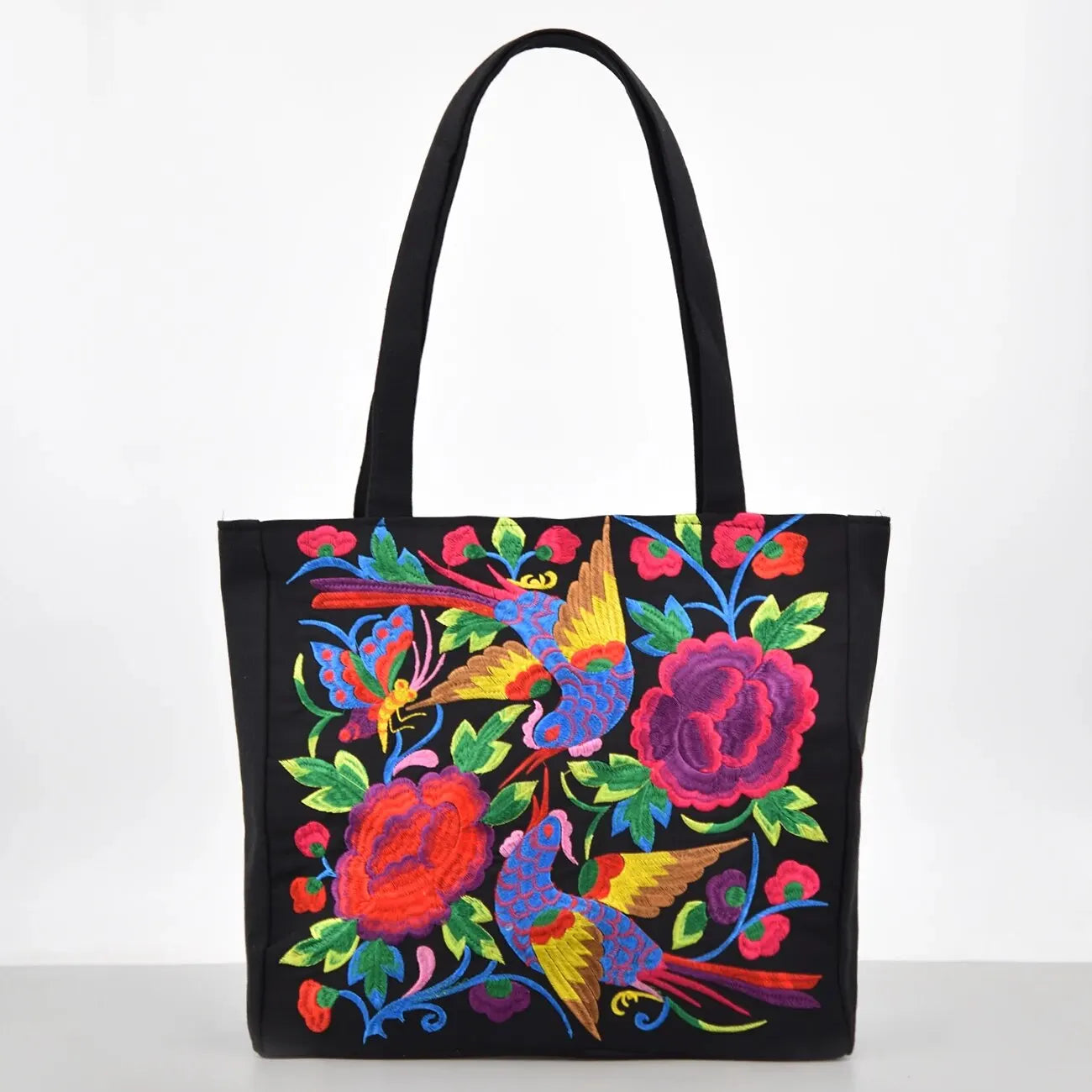 Elegant Flower Embroidery Canvas Tote Shoulder Bag Large Capacity Handbag For Women