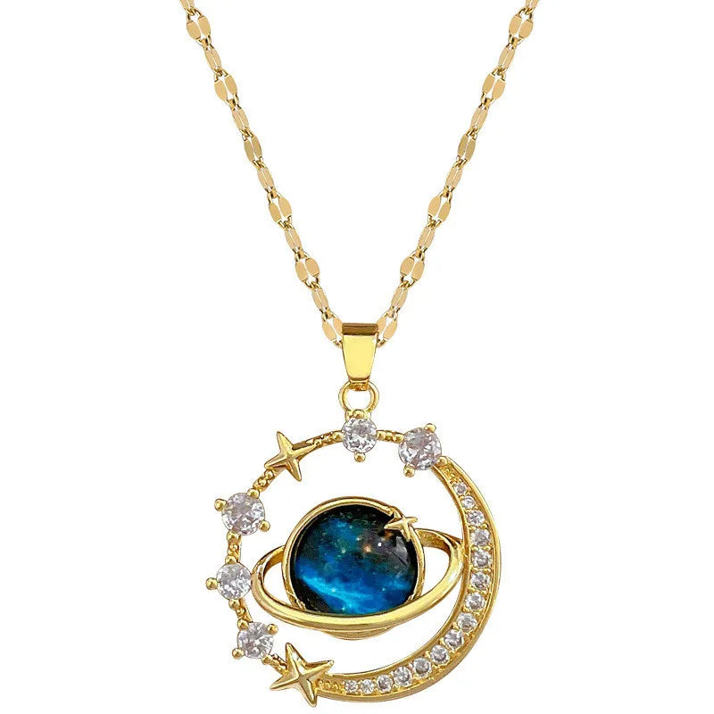 Exquisite Planet Moon Stars Pendant Crystal Necklace Chain for Women Clavicle Charm Jewelry Accessories