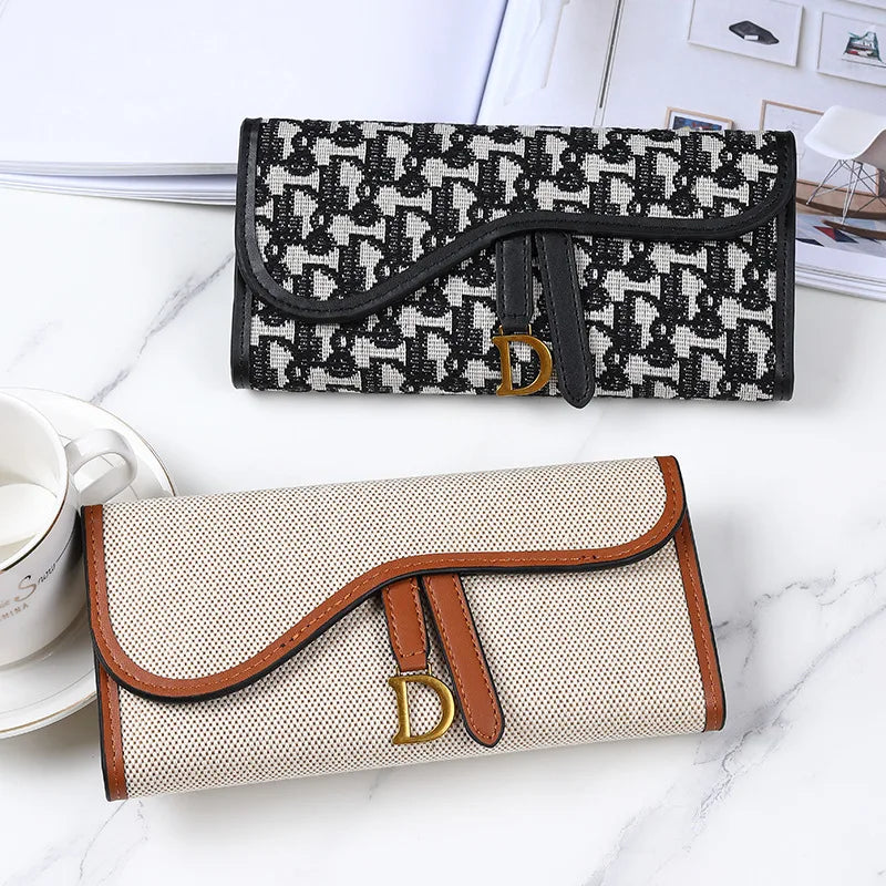 Fashion Classic Design Women's Trifold Long Style Wallet Large Capacity D-Buckle Multi Card Multi Functional Handheld Clutch Mini Purse