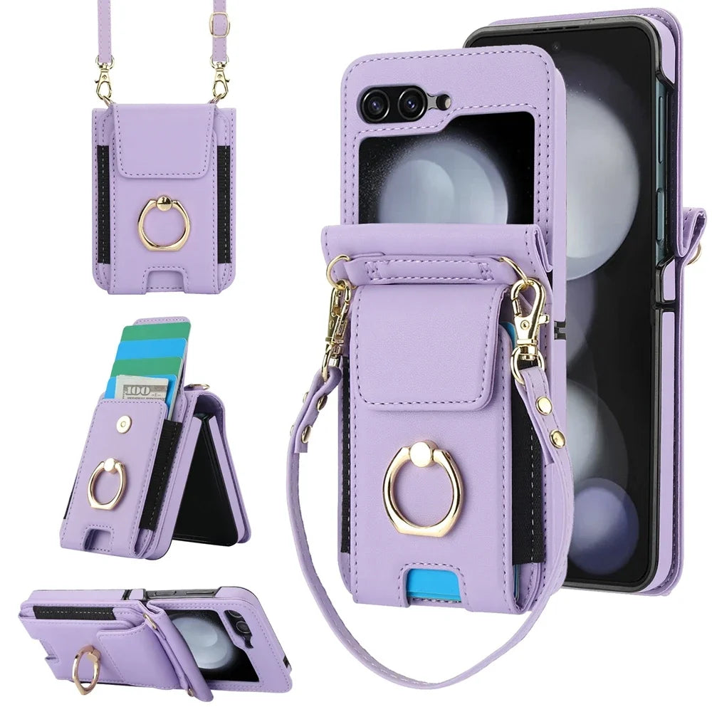 Deluxe Crossbody Lanyard Leather Flip Wallet Case for Samsung Galaxy Z Flip 6 5 4 3 Models Ring Bracket Shockproof Protective Shell Card Holder Phone Cover Bag