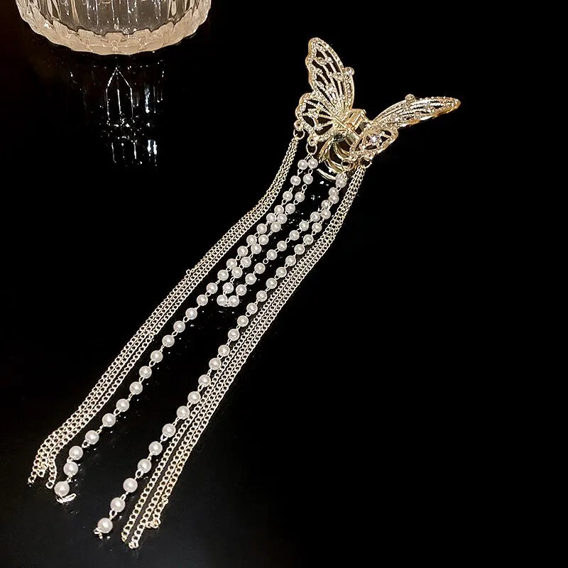 Crystals with Pearls Tassel Butterfly Hair Clip for Women Girls Elegant Imitation Pearl Rhinestone Shark Hairpins Jewelry