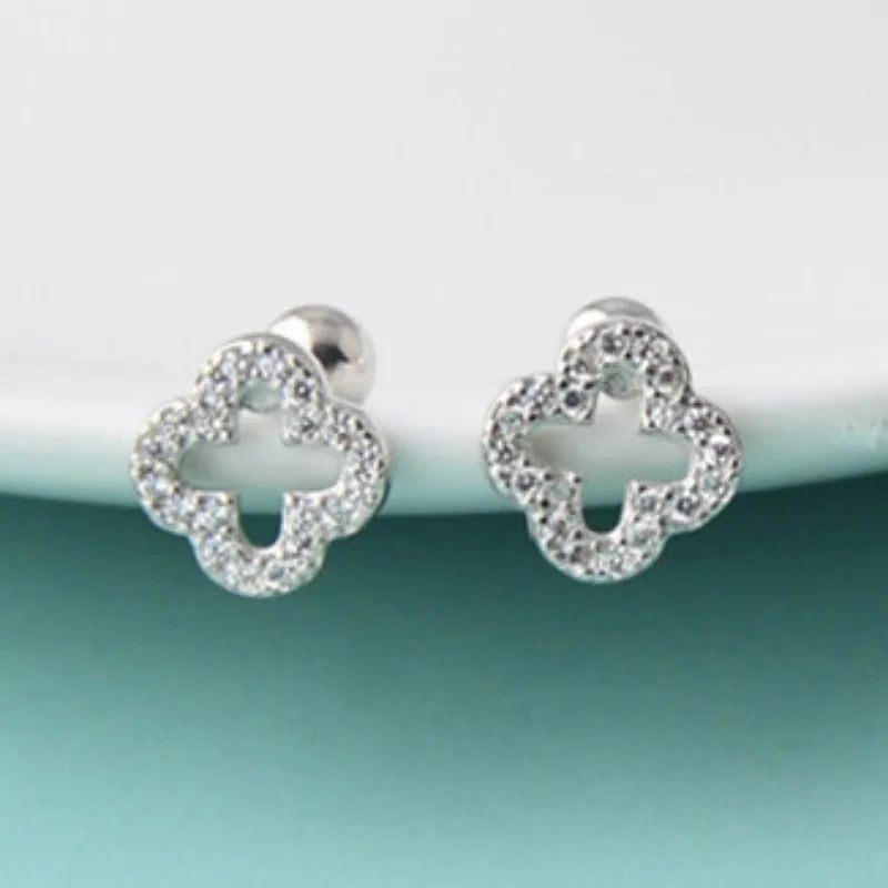 Exquisite Crystal Four Leaf Clover 925 Sterling Silver Stud Earrings for Women Fine Jewelry Accessories