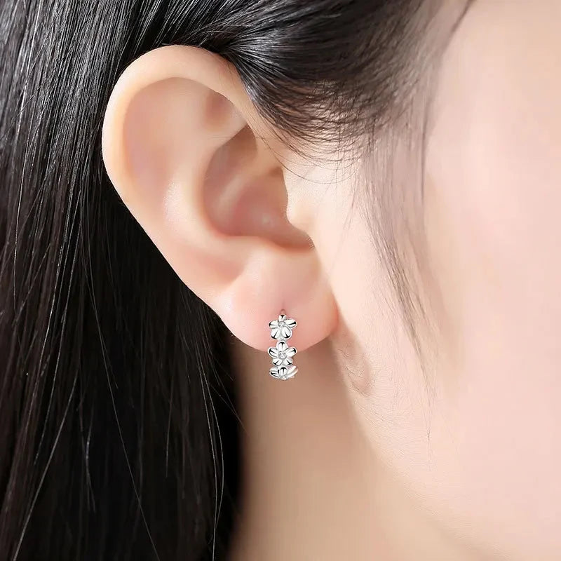 Elegant Crystal Flowers 925 Sterling Silver Hoop Earrings for Women High Quality Fashion Jewelry Accessories