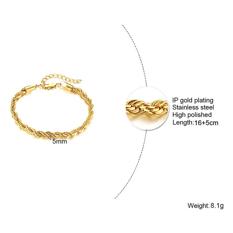 Luxury Twisted Rope Stainless Steel Chain Bracelets for Men Women Unisex Minimalist Gold Silver Color Jewelry