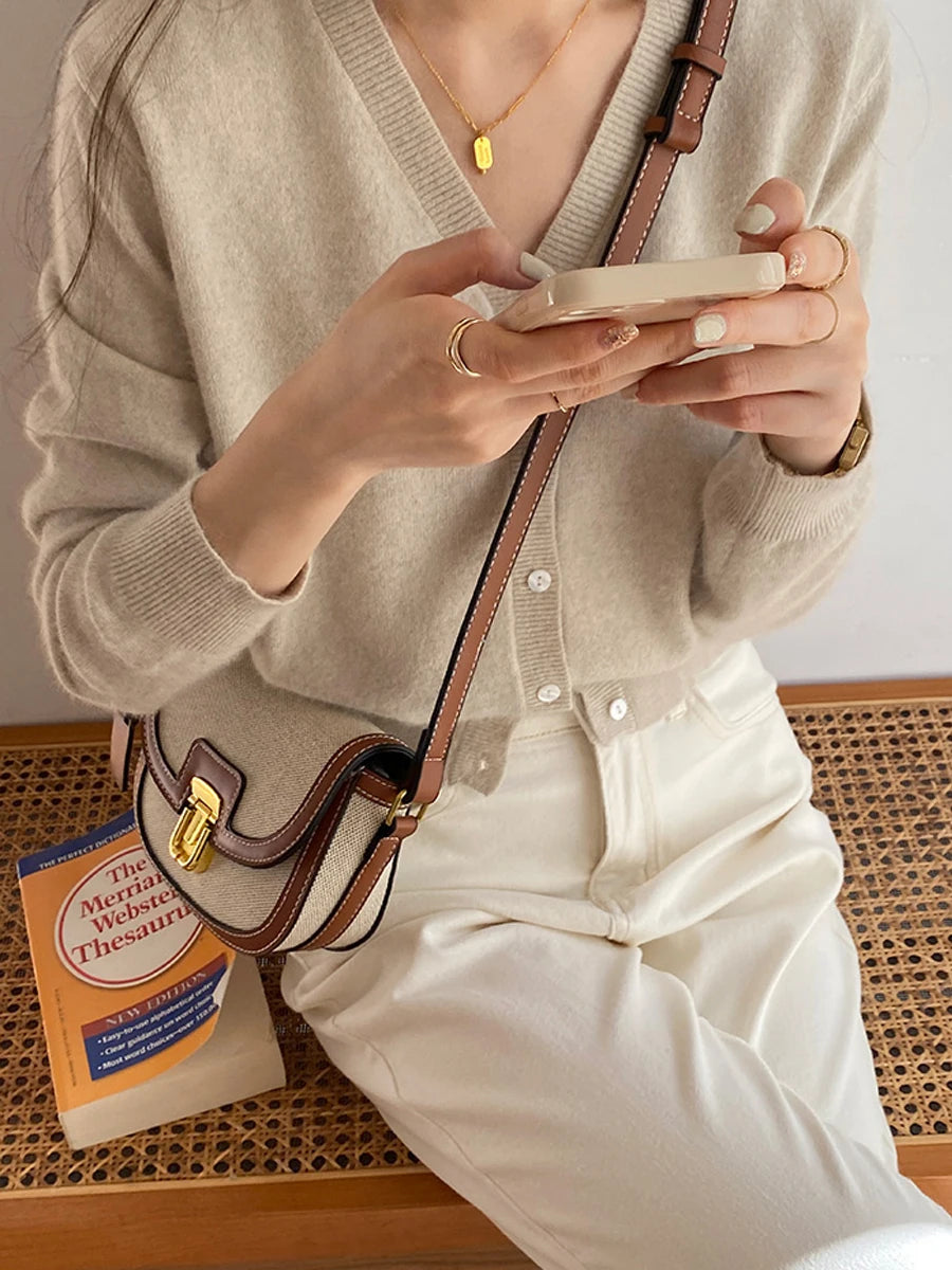 Women's Elegant Leather and Canvas Beautiful Contrast Panels Crossbody Saddle Handbags Purse Shoulder Messenger Bags