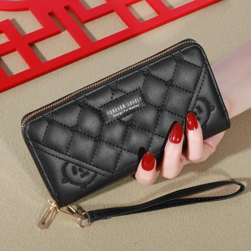 Exquisite Embroidered Women's Leather Clutch Wallet Card Mobile Phone Holder Zipper Handbag Fashion Accessory