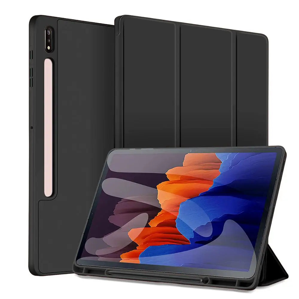Protective Silicone and Leather Smart Case for Samsung Galaxy Tab S10 S9 FE Plus 11" 12.4" A9 S8 S7 Plus S6 Lite With Pen Holder Cover