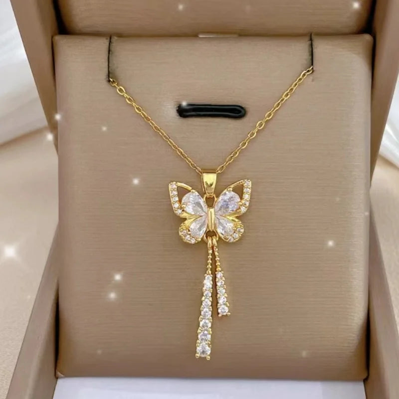 Butterfly Tassel Crystals Necklace Exquisite Micro Inlaid Zircon with Titanium Steel Gold Color Perfect Gift for Fashion forward Women
