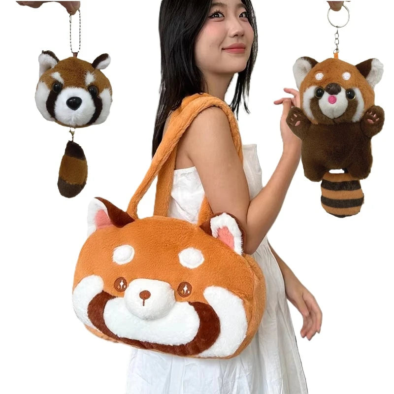 Cute Red Panda Plush Backpack Plushie Doll Crossbody Fur Soft Shoulder Bag Keychains
