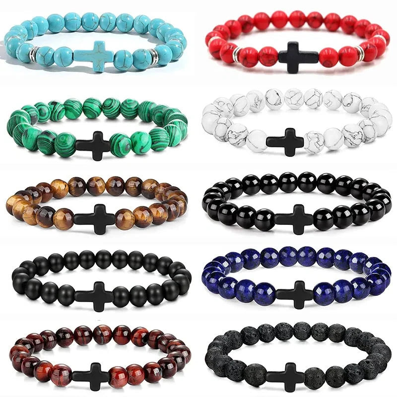Rosary Cross Natural Stone Wood Beads Hematite Bracelets Prayer Meditation Bracelet for Men Women Yoga Jewelry