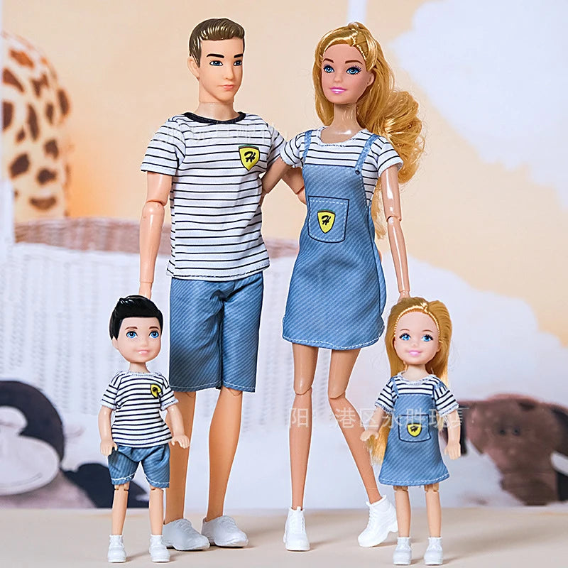 Family Doll Toy Set of 4 People Mom Dad Kids Dress Up Doll Kids Toys Full Set With Clothes for Girl Boy Education Birthday Gift 30cm