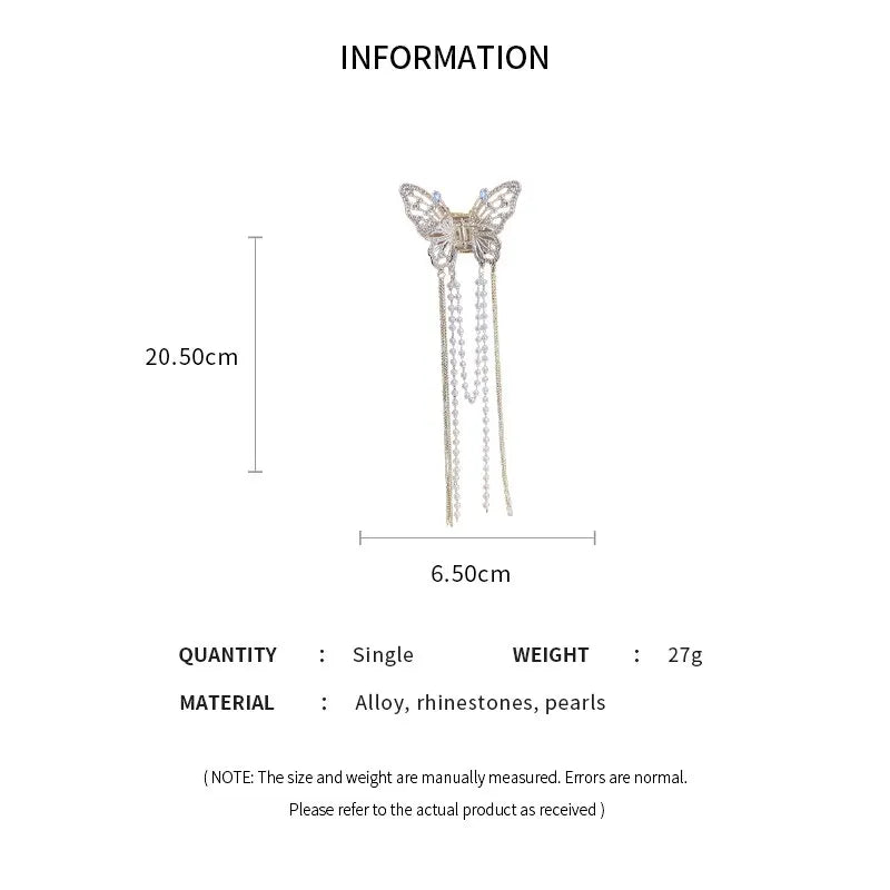 Crystals with Pearls Tassel Butterfly Hair Clip for Women Girls Elegant Imitation Pearl Rhinestone Shark Hairpins Jewelry