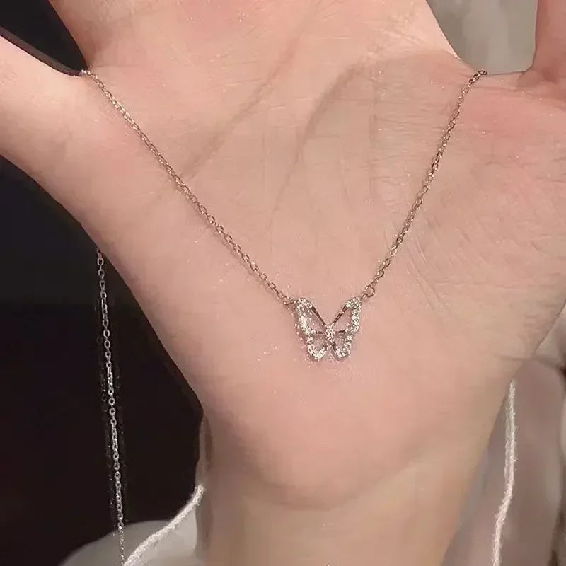 Elegant Butterfly 925 Sterling Silver Crystals Pendant Necklaces for Women Girls Chain Jewelry Accessories