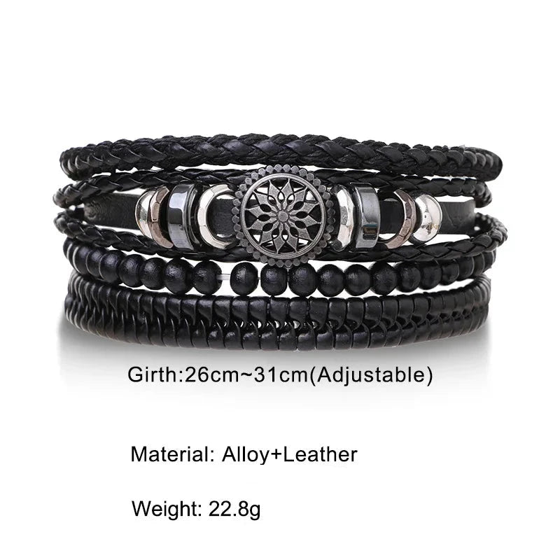 Stylish Braided Woven Leather Bracelets for Men Life Tree Rudder Charm Wood Beads Tribal Rope Wristband 4pcs Set