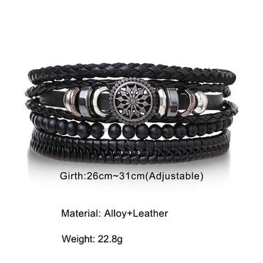 Stylish Braided Woven Leather Bracelets for Men Life Tree Rudder Charm Wood Beads Tribal Rope Wristband 4pcs Set