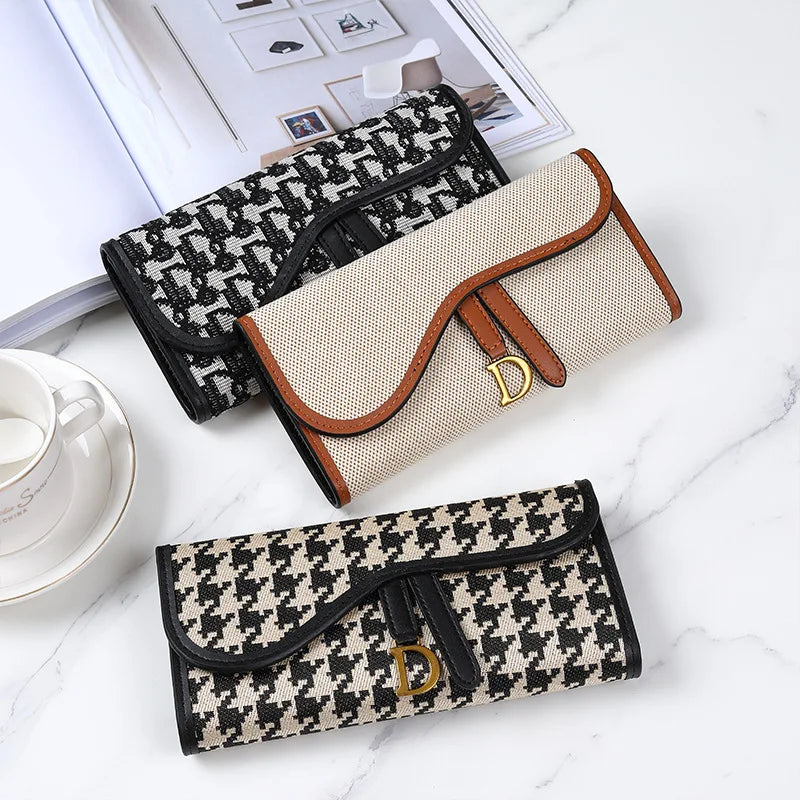 Fashion Classic Design Women's Trifold Long Style Wallet Large Capacity D-Buckle Multi Card Multi Functional Handheld Clutch Mini Purse