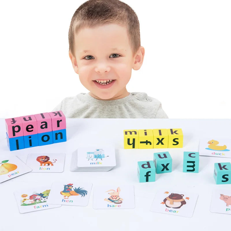 Exciting Word Alphabet Learning Spelling Game Toy for Preschool Boys and Girls, Letters Reading Wooden Building Blocks with 40 Cards